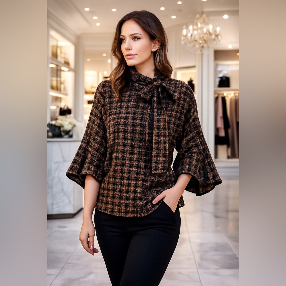 AZZ Trading Kimono Tie-Neck Blouse Brown Black Tweed Wide Sleeve Women’s M/L